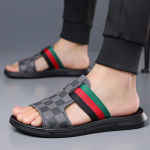 Sandales à enfiler à carreaux, bout ouvert, semelle extérieure en caoutchouc antidérapante, chaussures de plage décontractées d'été, tige textile, style à enfiler - Product Image 4