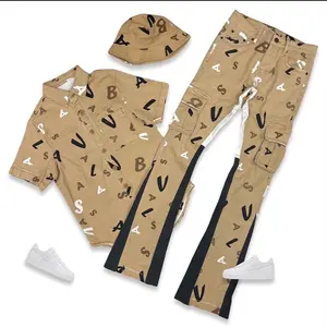 KY Streetwear All over Print Summer Tactical Shirts for Men Short Sleeve Tactical Shirt and Flare Trousers With Buckle Hat