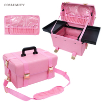 KONCAI Trousse de maquillage à roulettes en nylon rose pour bébé Bagages de voyage Organisateur de cosmétiques Boîte de beauté