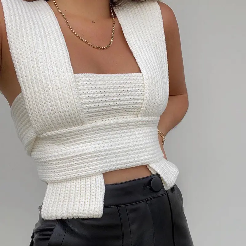 New Streetwear Sweat Elegant Crisscross Designer Women Knit Tops 2021