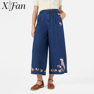 Jeans de mezclilla de cintura alta y corte holgado para mujer, estilo vintage de verano, 100% algodón, azules, bordados, de pierna ancha, OEM ODM personalizados - Product Image 1