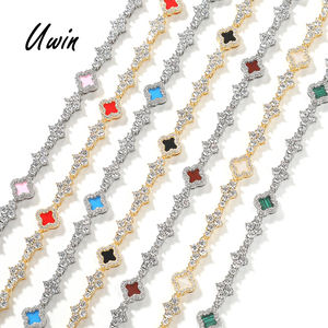 سوار ذهبي مطلي ملون بتصميم البرسيم رباعي الأوراق، سلسلة سداسية عصرية من النحاس مع حجر الزركون - Product Image 1