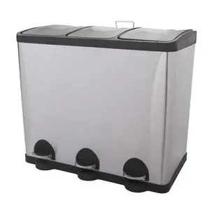 Cubo de basura Rectangular de acero inoxidable, papelera de reciclaje con 3 compartimentos, 60L
