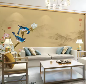 <span class=keywords><strong>Papier</strong></span> <span class=keywords><strong>peint</strong></span> mural en soie personnalisé imprimé en 3D, feuille de plante, oiseau volant, fleurs, <span class=keywords><strong>montagne</strong></span>, chinoiserie, <span class=keywords><strong>style</strong></span> de peinture chinoise - Product Image 1