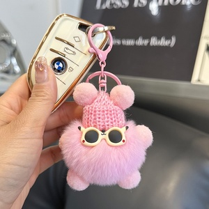 Porte-clés de voiture en fourrure de <span class=keywords><strong>lapin</strong></span> véritable au design anime Real Rex, adorable petit boule de charbon, pendentif fait main pour sac, cadeau - Product Image 2