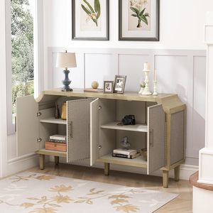 Manufacturer's 60-inch console table with linen doors, sofa table, wooden <b>sideboard</b> with adjustable 2-shelf. - Product Image 4