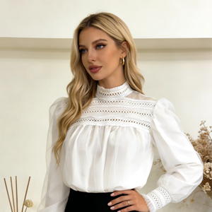 Blusa Elegante Informal para Mujer, Lisa, Transparente, con Ribete de Encaje, Manga Abullonada, Cuello Redondo, para Primavera, Verano, Otoño, Ropa de Trabajo - Product Image 1