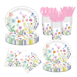 Ensemble de vaisselle jetable en papier pour fête sur le thème des fleurs sauvages du printemps, avec gobelets, serviettes et couverts, pour fêtes et rassemblements - Product Image 1