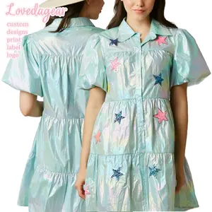 Lovedagear Custom Logo Foil Metallic Fabric Button Down Starry Sequin Patch Mini Shirt Dress For Women