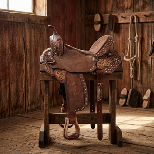 Silla de montar western portátil de cuero genuino con adornos florales y cristales para caballos, ideal para doma clásica. - Product Image 3