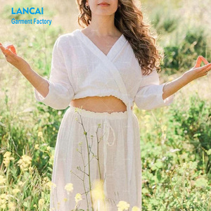 Top Casual da <span class=keywords><strong>donna</strong></span> in <span class=keywords><strong>lino</strong></span> con scollo a V con collo profondo a maniche lunghe che rivelano l'ombelico e <span class=keywords><strong>pantaloni</strong></span> Casual larghi in due pezzi - Product Image 4