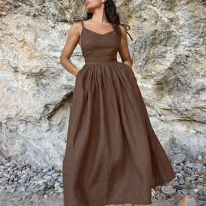 <span class=keywords><strong>Robe</strong></span> <span class=keywords><strong>mi</strong></span>-<span class=keywords><strong>longue</strong></span> décontractée pour femme en coton et lin <span class=keywords><strong>kaki</strong></span> vintage, sans manches, à bretelles, taille haute avec lien, collection automne - Product Image 2