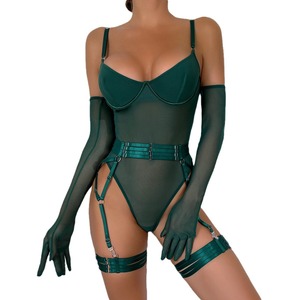 Conjunto de lencería sexy de una pieza con tiras exóticas, malla transparente y efecto push-up, estilo body con vendaje. - Product Image 5