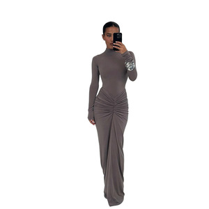 Nouvelles Arrivées Automne Hiver Robes Décontractées Unies pour Femmes Manches Longues Superposées Col Montant Coupe Ajustée Sexy Club <span class=keywords><strong>Maxi</strong></span> Respirantes - Product Image 5