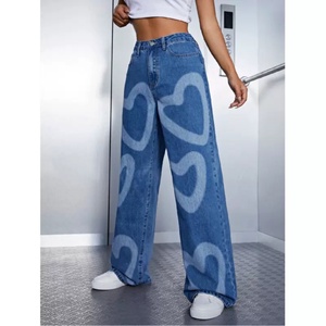 Pantalon en jean droit taille haute imprimé pour femme, style décontracté, avec boutons et fermetures éclair décoratifs, idéal pour l'été – Nouvelle collection en promotion - Product Image 1