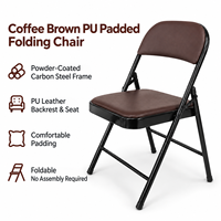 Chaise pliante rembourrée en PU marron, style classique Bridge Club, avec structure en acier au carbone noir thermolaqué, idéale pour salle à manger, réunions, café et usage domestique.