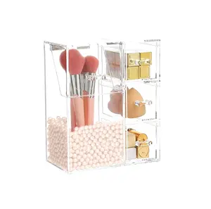 Acryl Make-Up Borstel Houder Met Doorzichtige Cosmetische Organizer En Lade Voor Opslag Parel Deksel Kaptafel Ijdelheid