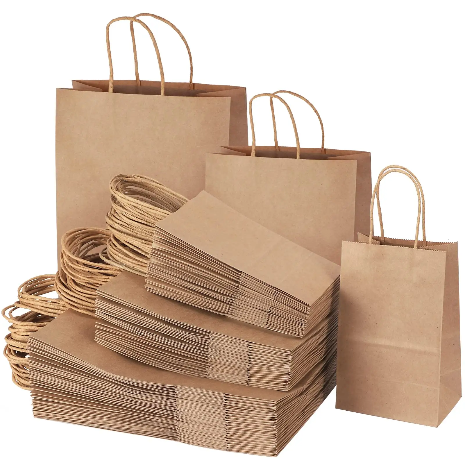 Wholesale Recyclable Handle Brown Paper Bag Printing Logo Recyclable Bulk Kraft Paper Gift Bags for Shopping Retail with Logo