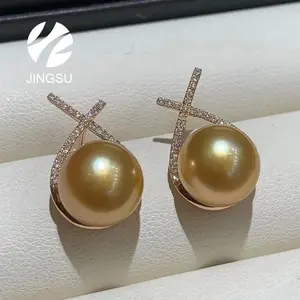 Neuankömmling Modeschmuck Ohr stecker 18 Karat Gold Diamanten für Frauen Geschenk natürliche goldene Farbe Südsee Perle Hochzeit elegant