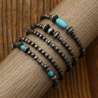 5 pièces/ensemble Navajo perle rétro Style occidental Turquoise perlé brossé Bracelet extensible Turquoise et (Faux) Navajo Bracelet pile