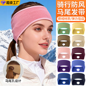 Winter <b>Headband</b> Extra Wide <b>Woolen</b> Warm Ear Protectors With Ponytail Holes For Cycling Casual Use - Product Image 2