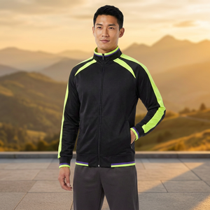 Chaqueta Deportiva para Hombre, Color Negro y Verde Neón, con Bloques de Color, Cierre Completo, Transpirable, de Poliéster, Corte Regular, para Todas las Temporadas - Product Image 1