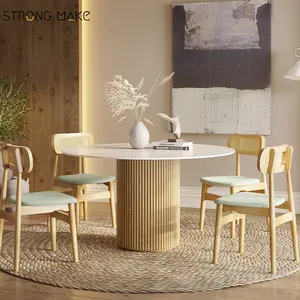 Japandi Sintered Stone Marble Top Circle Wooden Home Kitchen Dinning 8 10 Seater Wood Small Round Dining Table For 6