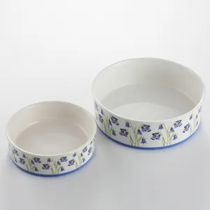 Wholesale blue flower decal ceramic feeding bowls for pet