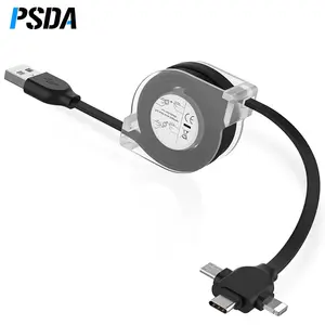 PSDA 1M 2M 3合1 USB充电电缆，适用于所有手机微型USB C型电缆可伸缩便携式Powerbak充电电缆