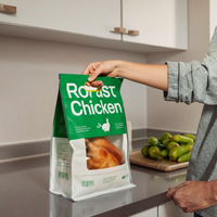 Sachet rétractable en PE imprimé sur mesure avec poignée découpée, fenêtre transparente, film résistant à la chaleur, recyclable, pour poulet rôti et aliments cuisinés