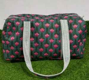 Indian Handmade Comfortable Cotton Fabric Quilted Duffle <b>Bag</b> for <b>Women</b> Casual Travel <b>Weekender</b> Zipper Shopping Shoulder - Product Image 5