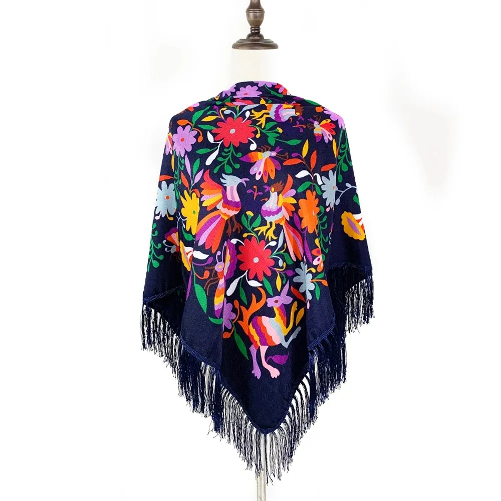 Nga Tây Ban Nha vuông khăn phụ nữ hoa và chim Bandana tua khăn choàng babushka Khăn Tay Nữ đầu kết thúc tốt đẹp 135*135cm