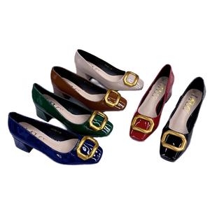 Escarpins marron foncé pour femme à bout carré et talon moyen, de haute qualité, avec boucle dorée de 2 pouces, à enfiler, respirants, en caoutchouc, printemps-été - Product Image 4