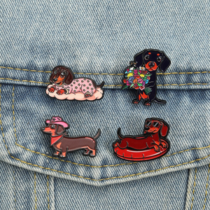 Broches de esmalte de dibujos animados de Dachshund lindos con gafas de sol, ramo de flores y sombrero de vaquero, joyería al por mayor - Product Image 1