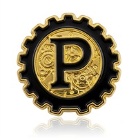 Épinglette personnalisée en émail sur le thème de l'industrie, style steampunk, mécanique, avec initiale P, en métal plaqué, pour logo d'entreprise technologique