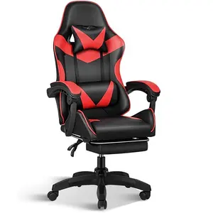 Ergonomic Video Gaming Backrest and Seat Height Recliner 180 Degrees Adjustable Swivel Task Chair with Headrest footrest red