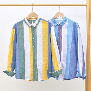 Camicie da <span class=keywords><strong>uomo</strong></span> in popeline <span class=keywords><strong>100</strong></span>% <span class=keywords><strong>lino</strong></span>, a maniche lunghe, estive, multicolori, leggere, traspiranti, a righe verticali, con bottoni, casual. - Product Image 2