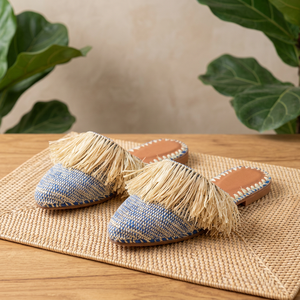 Mules en raphia faites à la main, à franges, bout pointu, semelle intérieure en cuir véritable respirante, motif rayé bleu et blanc, pour l'été - Product Image 2
