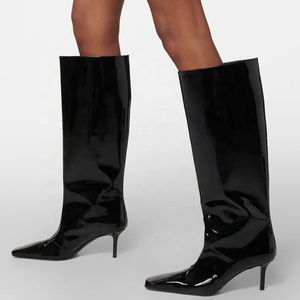 Women's Stylish Long Boots Low Heels Square Toe Fashion Knee High Booties Stone Pattern Denim on <b>Shoes</b> - Product Image 2