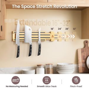 Porte-couteaux magnétique extensible en bois Piklohas, support mural de rangement de cuisine, forme rectangulaire en acier inoxydable - Product Image 2
