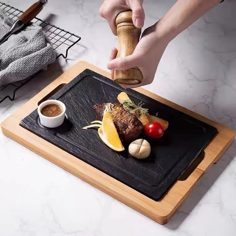 Natural Bamboo Basic Steak Cutting Board Hotel Restaurant Serving Plates Black Slate Stone Dinner Tray