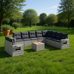 Conjunto de Sofás de Jardín de Ratán Gris, 10 Plazas, Muebles de Exterior Resistentes a la Intemperie, Diseño Contemporáneo - Product Image 2