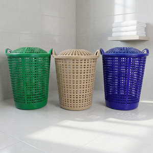 Panier à linge moderne et durable en plastique PP avec couvercle, vert, beige, bleu, bacs de rangement pour vêtements à domicile - Product Image 2