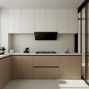 Gabinetes de Cocina Modernos Minimalistas Estilo Madera en Forma de L, Base de Contrachapado con Encimera de Cuarzo y Rieles con Amortiguación - Product Image 4