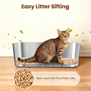 Bac <span class=keywords><strong>à</strong></span> litière pour chat en acier inoxydable XL <span class=keywords><strong>à</strong></span> parois hautes, système de bac <span class=keywords><strong>à</strong></span> litière en métal avec tamis pour granulés de pin et anti-fuite, facile <span class=keywords><strong>à</strong></span> nettoyer - Product Image 3