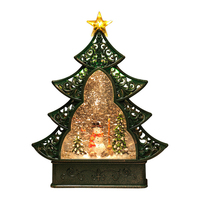 Linterna musical LED con forma de árbol de Navidad, diseño plano hueco, con escena de castillo y purpurina giratoria, adorno de mesa