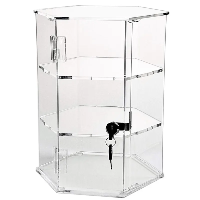Hexagonal Display Case Locking Clear Acrylic Cabinet Durable Lucite Hexagon Locking Security Case with Two Keys