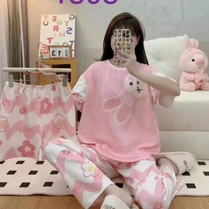 Ensemble pyjama d'été 3 pièces pour <span class=keywords><strong>femme</strong></span> Yicheng Factory : haut à manches courtes, short et pantalon long, motif dessin animé - Product Image 6