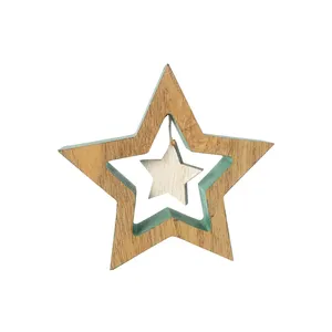Décoration étoile en bois de teck Style d'art populaire artistique peint avec des lettres pour le modèle de décor à la maison de cadeau de Noël