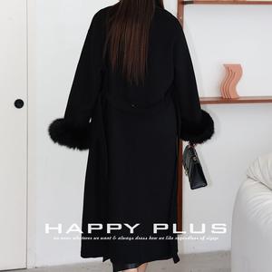 เสื้อโค้ทขนสัตว์เทียมสองด้าน Runqi Long สีดำล้วน แต่งขอบขนฟ็อกซ์ พร้อมเข็มขัด ให้ความอบอุ่น หรูหรา สำหรับผู้หญิง - Product Image 2